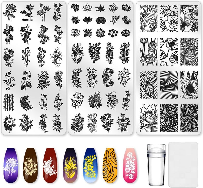 beinkmake 3Pcs Vintage Floral Nail Stamping Plate Set Flower Leaves Bamboo Nail Stamp Templates French Line Tip Nail Stamp Plates Rose Metal Reusable Tools with Stamper Scraper for Manicure Printing - Image 1